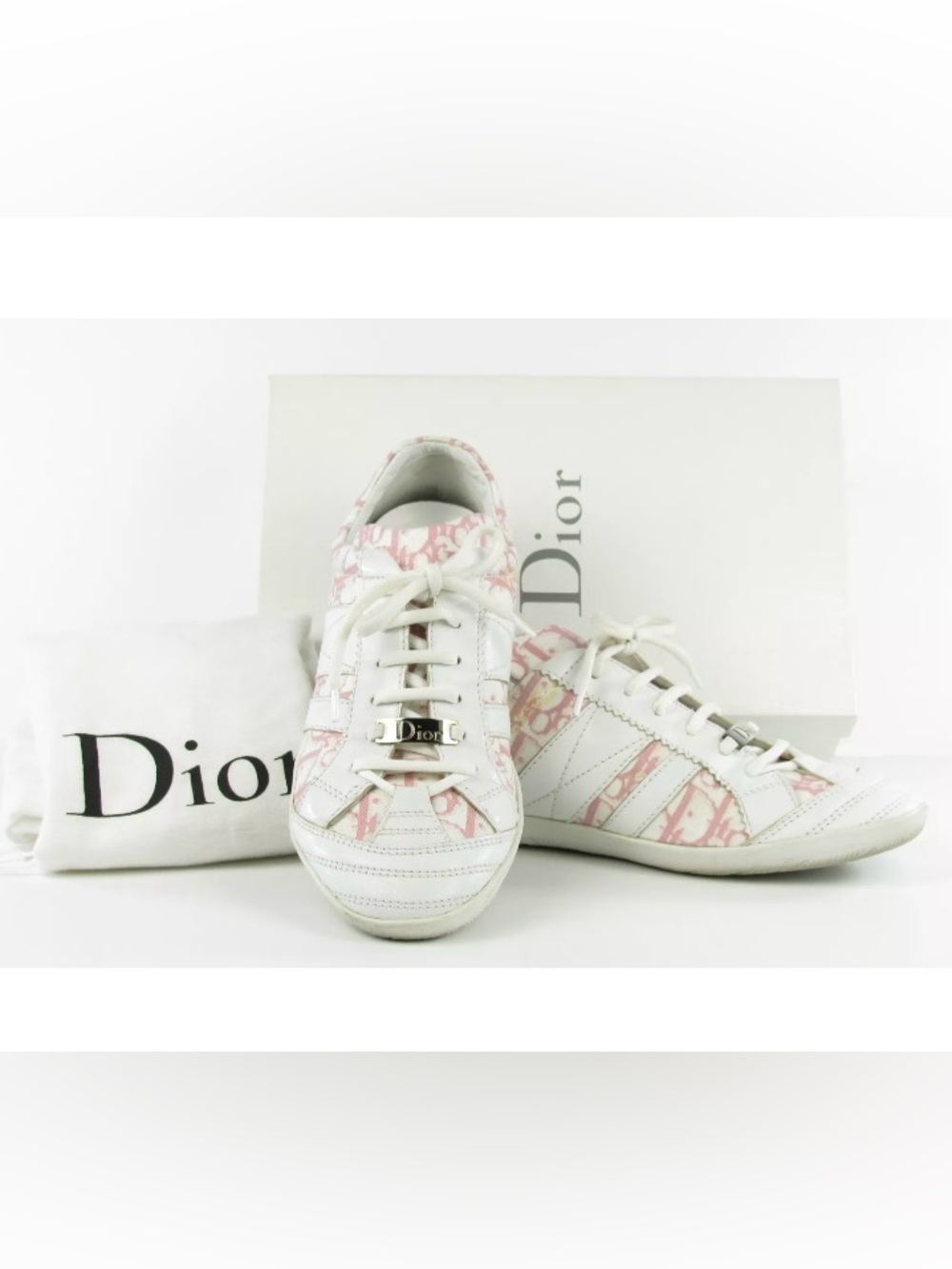 Dior White and Pink Women's Low-Top Logo-Panel Sneakers